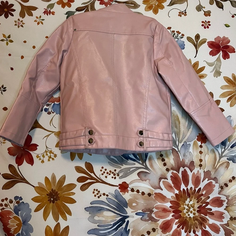 Kids M 7/8 Powder Pink Faux Leather Full Zip Motorcycle Spring Biker Jacket